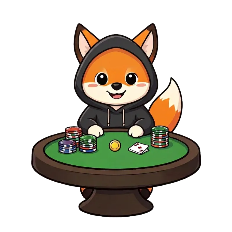 The fox mascot sitting at a play-money poker table with cherries, cards and a winning smile